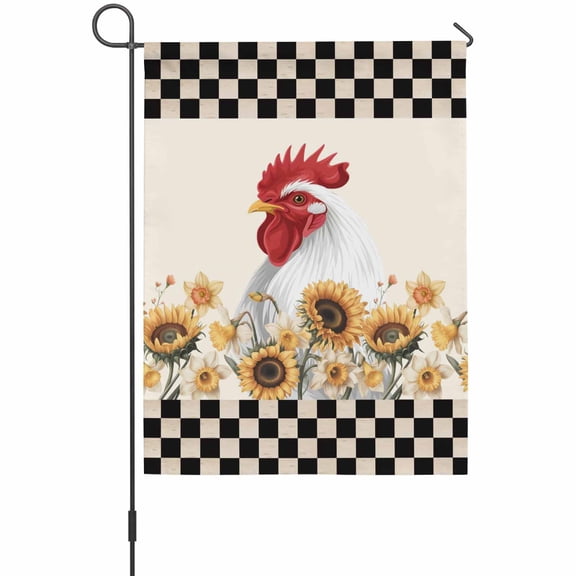 Farmhouse Garden Flag 12 x 18 Inches, Vintage Farm Chicken Sunflowers Black Plaid Beige Weather Proof Outdoor Patio Flags Double Sided Small Garden Decoration for Yard Outside Home