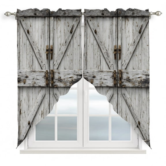 Farmhouse Gate Swag Curtain Valance for Small Windows, Vintage Country Grey Farmhouse Door Window Treatments Rod Pocket Short Topper Valances for Kitchen Bathroom Bedroom, 36"x63" 2 Pack