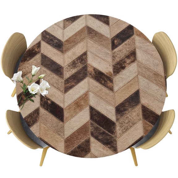 Farmhouse Geometric Round Tablecloth 36-44 Inch Round Fitted Table Cloth with Elastic Edge, Western Country Cow Fur Print Brown Waterproof Table Cover Protector for Outdoor Picnic Party Dining