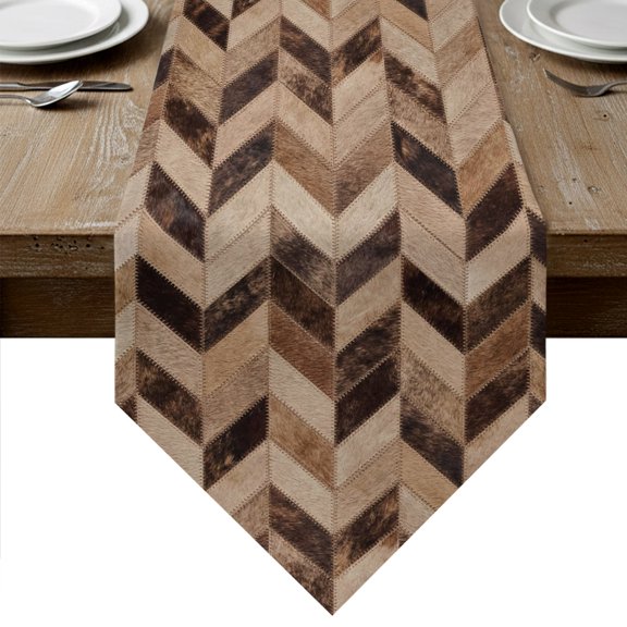 Farmhouse Geometric Table Runner Linen Burlap Table Runner 70 Inches Long Western Country Cow Fur Print Brown Dresser Scarves for Kitchen Island Coffee Dining Room Party Wedding Holiday Decor 13"x70"