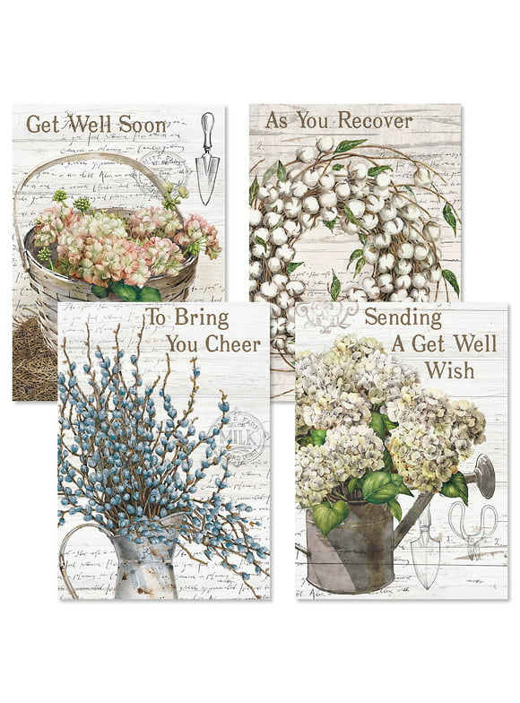 Farmhouse Get Well Greeting Cards - Set of 8 (4 Designs), Large 5" x 7", Cards with Sentiments Inside, White Envelopes, by Current