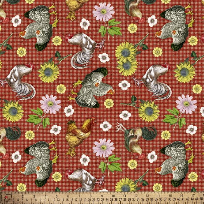 Cotton Farmhouse Gingham Chickens Roosters Flowers Floral on Checks David Textiles Red Cotton Fabric Print by the Yard (DX-1777-4C)