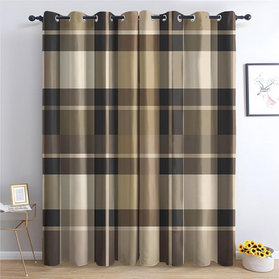 Farmhouse Gingham Curtains, Tan Camel Antique White Checkered Window Curtains, Scottish Tartan Blackout Curtains, Thermal Grommet Drapes For Bedroom Living Room29"W x 63"L (Pack of 2)