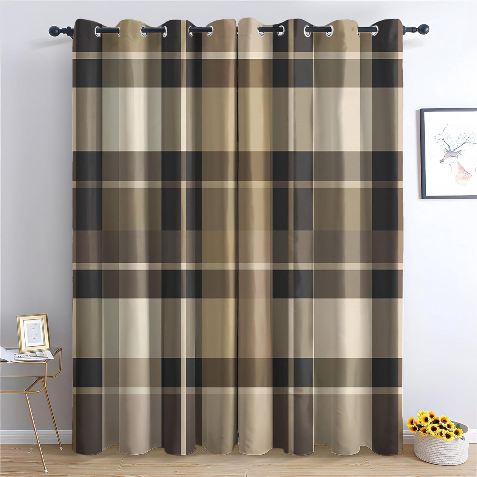 Farmhouse Gingham Curtains, Tan Camel Antique White Checkered Window ...