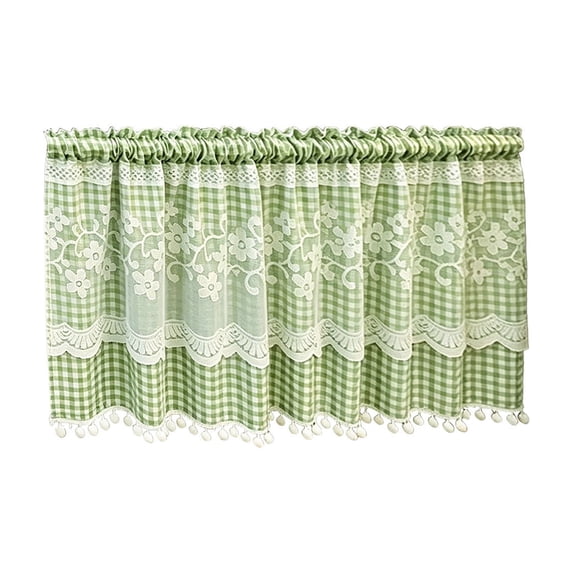 Farmhouse Gingham Plaid Short Curtain with Lace (Green,39.4"x19.7") | Rustic Floral Pattern Sheer Window Valance Light Filtering Rod Pocket Curtain for Kitchen Bedroom Living Room Decor