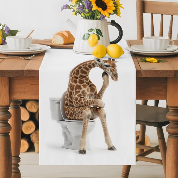Farmhouse Giraffe on Toilet Table Runner 36 Inches Long, Abstract Funny Animal Table Runners Tabletop Scarf Kitchen Dining Tables Decoration for Home Party Indoor Outdoor