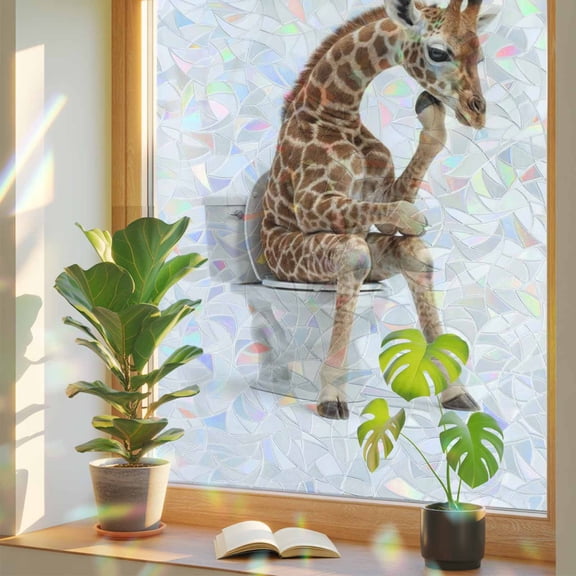 Farmhouse Giraffe on Toilet Window Privacy Film, Rainbow Film Decorative Window Sticker 17.7x39.3in, Abstract Funny Animal Sun Blocking Static Stained Glass Cling Tint Non-Adhesive