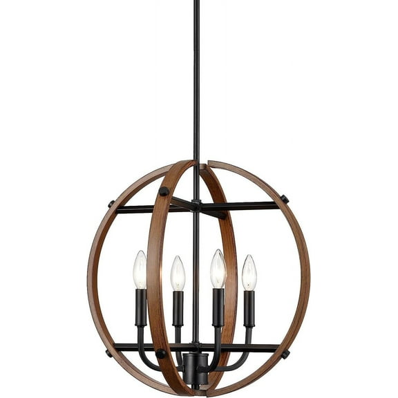 Farmhouse Globe Pendant Lighting 4-Light Sphere Foyer Chandelier Wood Grain