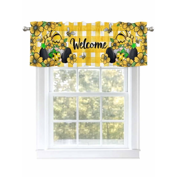 Farmhouse Gnome Valances for Windows, Rod Pocket Kitchen Valance Curtains - Soft & Washable Small Window Treatment for Living Room,&nbsp;Bathroom, Yellow Plaid Check , 42x12 Inch, 1 Panel