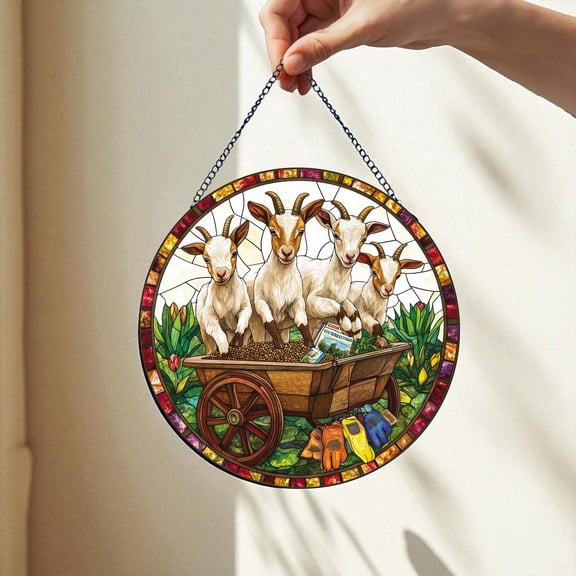 Farmhouse Goat Suncatcher Ornament, Glass Farm Window Decor, Rustic Country Animal Art, Nature Inspired Sun Catcher Gift Ornament, Suncatcher Window Hanging, 6.3 in