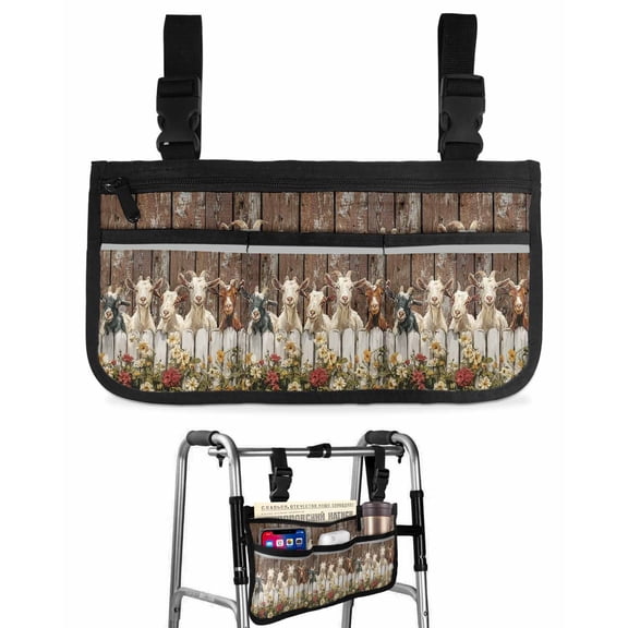 Farmhouse Goats Wheelchair Side Bag, Wheelchair Walker Armrest Bags with Cup Holder, Mobility Scooter Walker Rollator Wheelchair Accessories Vintage Country Flowers Brown Wooden Grain