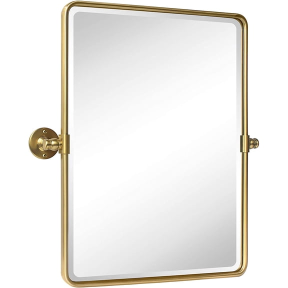 Farmhouse Gold Metal Framed Pivot Rectangle Bathroom Mirror Rounded Rectangluar Tilting Beveled Vanity Mirrors for Wall, Overall 22.91 x 24 inches (Mirrror 19 x 24 inches)