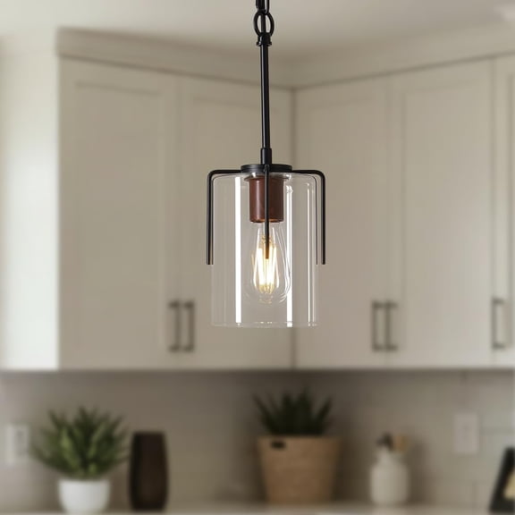 Farmhouse Gold Pendant Light, 1-Light Clear Glass Kitchen Island Light for Dining Table, Adjustable Modern Hanging Ceiling Fixture for Entryway, Hallway, Bedroom (1 Light (Black + Clear Glass))