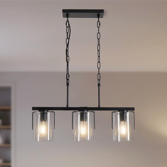 Farmhouse Gold Pendant Light, 1-Light Clear Glass Kitchen Island Light for Dining Table, Adjustable Modern Hanging Ceiling Fixture for Entryway, Hallway, Bedroom (3 Light (Black + Clear Glass))