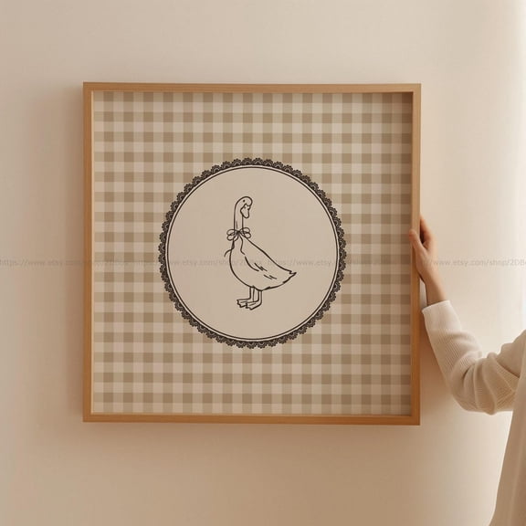 Farmhouse Goose Wall Art Square Print Beige Gingham Rustic Kitchen Decor Cottagecore Country Home Artwork Goose Cute Art Unframed Paper Print