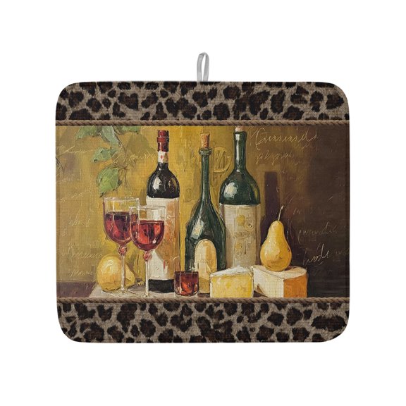 Farmhouse Grape Wine Pear Dish Drying Mats for Kitchen Counter,Absorbent Microfiber Dish Drainer Rack Mat Vintage Oil Painting Art Leopard Drying Pad for Sinks,Utensils,Countertops,16x18in