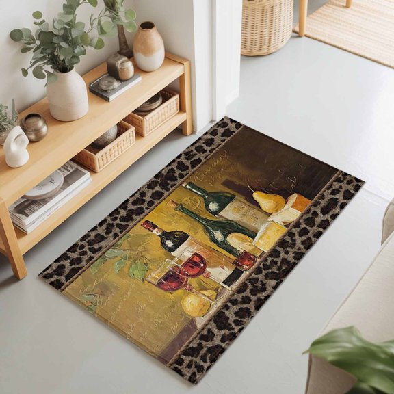 Farmhouse Grape Wine Pear Rectangle Area Rug 2x3ft,Living Room Rug Non-Slip Washable Circle Rugs Pad,Vintage Oil Painting Art Leopard Soft Floor Carpet for Bedroom Dining Room