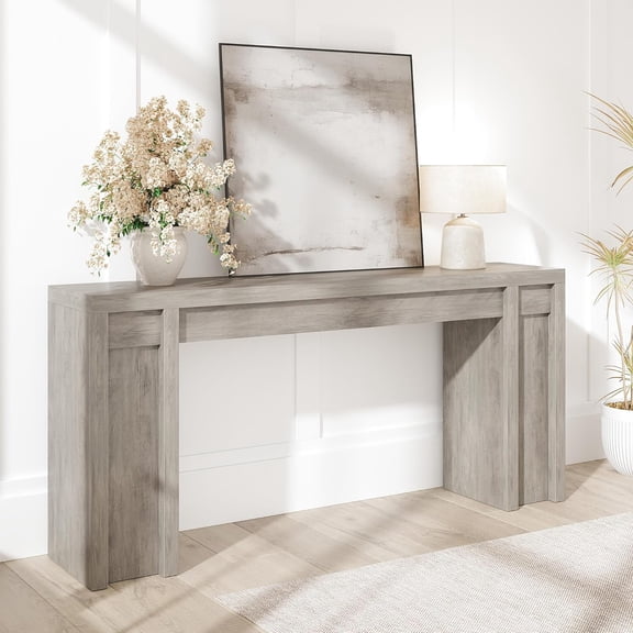 Farmhouse Gray 70.9'' Extra-Long Wooden Console Table – 2 Drawers, 2-Tier Open Storage, Sturdy Mark-Resistant Entryway or Sofa Table for Living Room, Hallway, or Foyer – Gray Color