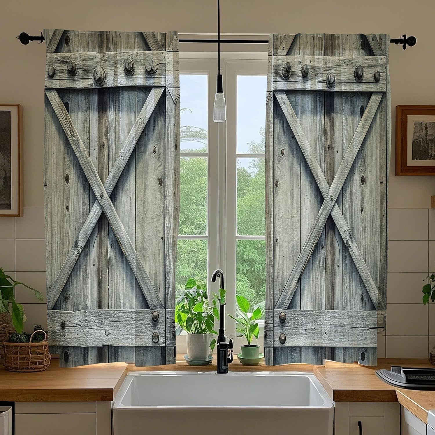 Farmhouse Gray Barn Door Kitchen Curtains Vintage Country Small Short ...