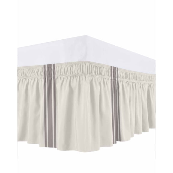 Farmhouse Gray Bed Skirt Queen Size 18" Drop Sripes Cream Background Ruffled Wrap Around Bed Skirts Adjustable Elastic Bedskirt Dust Ruffle for Queen Size Bed