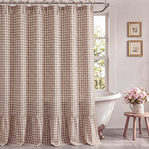 Farmhouse Gray Gingham Shower Curtain with Ruffle Hem, Linen Blend Fabric Tie Top Hanging Bathroom Curtain Gray Plaid Country Vintage Rustic for Bathroom Home Decor, 72" W x 72" L