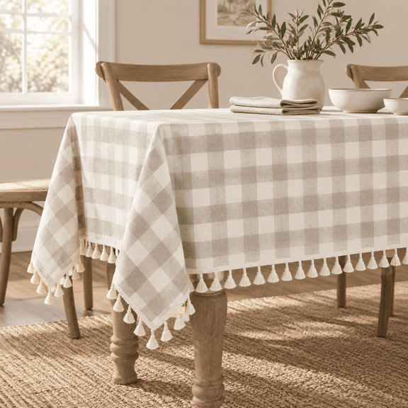 Farmhouse Gray Khaki Gingham Tablecloth Square 55"x55"