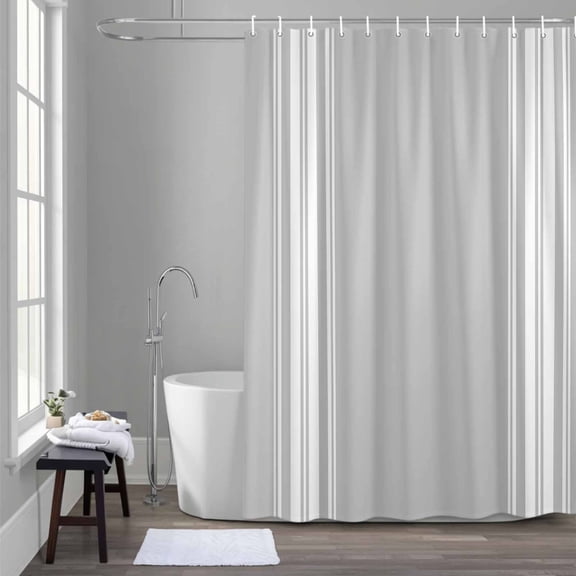 Farmhouse Gray Shower Curtain for Bathroom Decor, White Stripe Waterproof Fabric Shower Curtain, 72"x72" Set with 12 Hooks