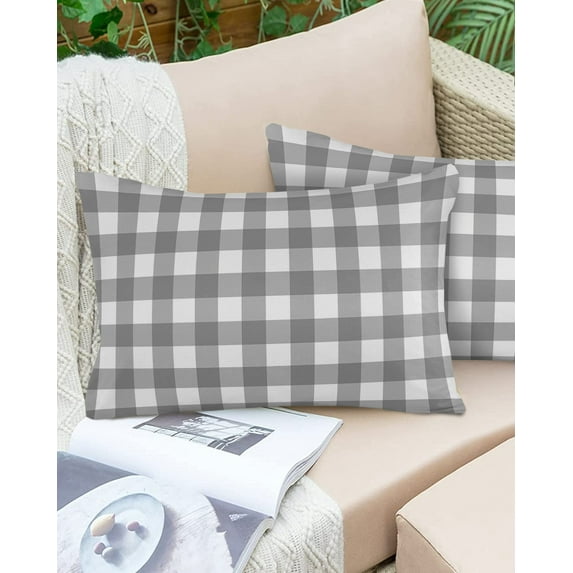 Farmhouse Gray and White Buffalo Plaid Check Outdoor Pillow Covers Set of 2,Decorative Waterproof Throw Pillow Case,Classic Lattice Grid Cotton Linen Soft Cozy Cushion Pillowcases
