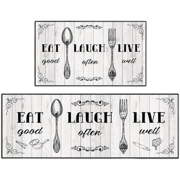 Farmhouse Gray & White Kitchen Rug Set - Absorbent Non-Slip Washable Floor Mats, Home Indoor Runner Carpet, Set of 2 (17x47+17x30), Ideal for Elegant and Functional Kitchens