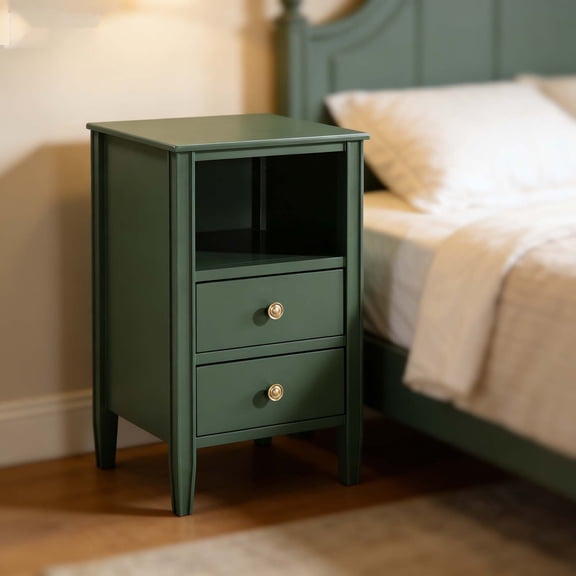 Farmhouse Green Bedside Table Vintage Nightstand, 2 Drawers + Open Shelf, Fluted Legs Smooth Glides for Bedroom Storage Organizer