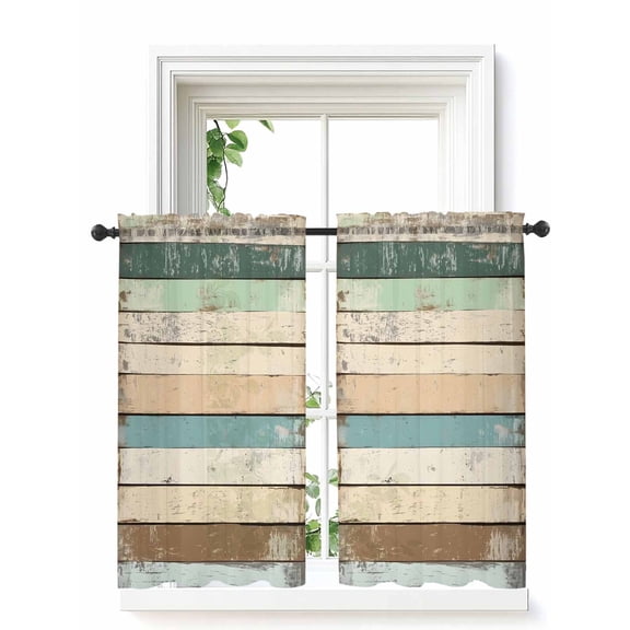 Farmhouse Green Brown Curtains 54 Inch Length, Sheer Curtains for Bedroom Living Room Window Vintage Ombre Wooden Rod Pocket Voile Drapes Kitchen Curtains Small Half Window 52"x54" 2 Panels