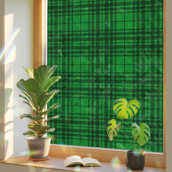 Farmhouse Green Buffalo Plaid Window Privacy Film, Rainbow Film Decorative Window Sticker 17.7x39.3in, Modern Checkered Stripe Sun Blocking Static Stained Glass Cling Tint Non-Adhesive