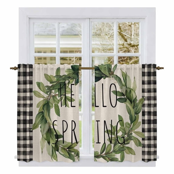 Farmhouse Green Garland Kitchen Curtain for Berdoom Living Room Cafe 54 Inch Length, Spring Vintage Black Plaid Beige Tiers Curtains Light Filtering Drapes Window Treatment 2 Panels 52"Wx54"L