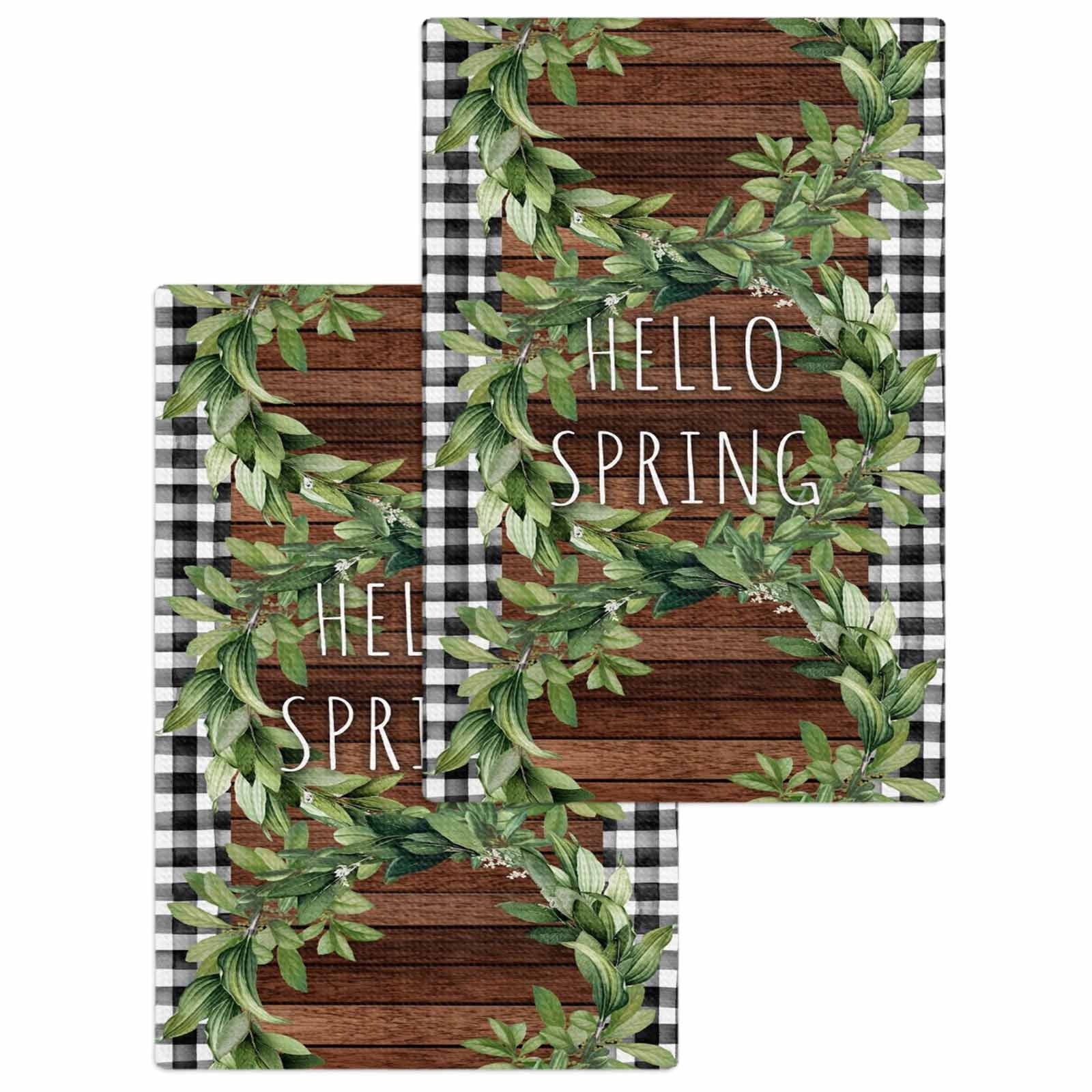 Farmhouse Green Garland Kitchen Dish Towels for Drying Dishes Set of 2, Spring Black Plaid Wood Grain Waffle Weave Microfiber Hand Tea Bathroom Towels Quick Dry & Absorbent Towel 15.7x23.6