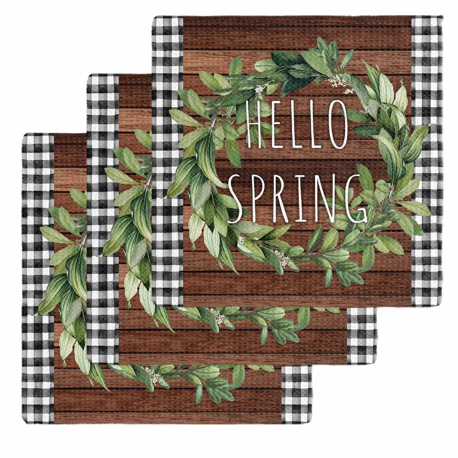Farmhouse Green Garland Kitchen Dish Towels for Drying Dishes Set of 3, Spring Black Plaid Wood Grain Waffle Weave Microfiber Hand Tea Bathroom Towels Quick Dry & Absorbent Towel 12x12