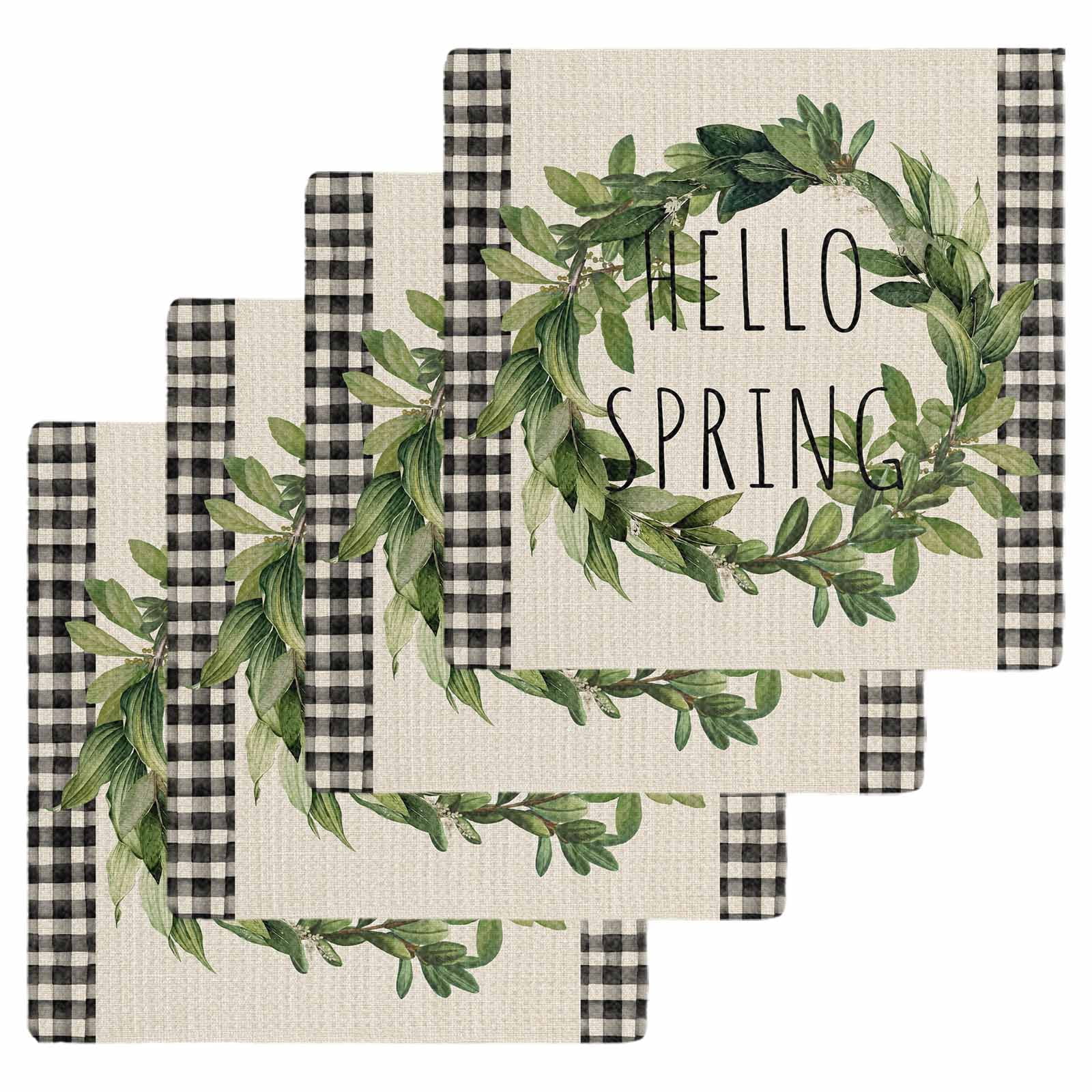Farmhouse Green Garland Kitchen Dish Towels for Drying Dishes Set of 4, Spring Vintage Black Plaid Beige Waffle Weave Microfiber Hand Tea Bathroom Towels Quick Dry & Absorbent Towel 12x12