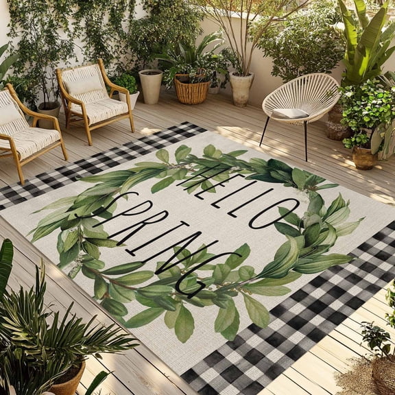 Farmhouse Green Garland Outdoor Rug for Patio/Deck/Porch, Non-Slip Large Area Rug 3 x 5 Ft, Spring Vintage Black Plaid Beige Indoor Outdoor Rugs Washable Area Rugs, Camping Rug Carpet Runner