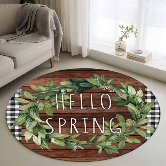 Farmhouse Green Garland Round Area Rug 4Ft Washable Circle Rugs for Bedroom Dining Room, Spring Black Plaid Wood Grain Non-Slip Carpet Floor Mats Indoor Outdoor Carpet Runner Aesthetic Home Decor