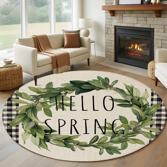 Farmhouse Green Garland Round Area Rug 8Ft Washable Large Circle Rugs for Living Room Dorm, Spring Vintage Black Plaid Beige Non-Slip Carpet Floor Mats Indoor Outdoor Carpet Runner Home Decor