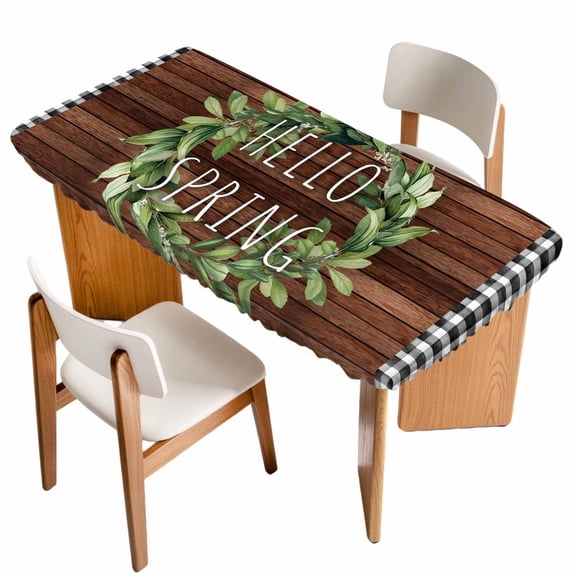 Farmhouse Green Garland Table Cloths for 6 Foot Rectangle Tables, Spring Black Plaid Wood Grain Patio Waterproof Elastic Fitted Tablecloths, Washable Rectangular Table Cover for Camping