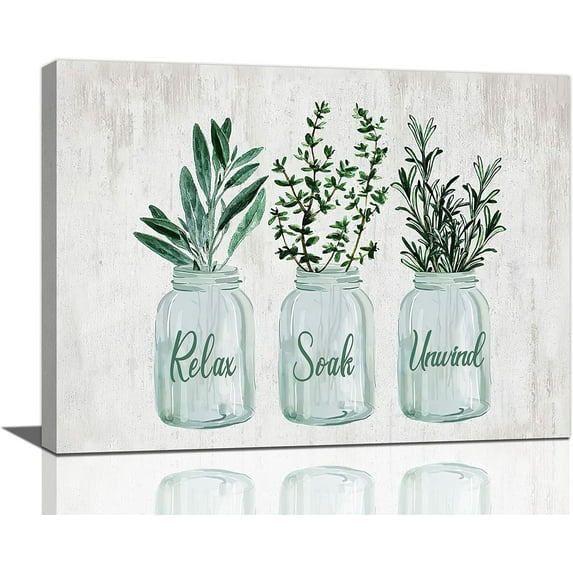 Farmhouse Green Leaf Bathroom Decor Wall Art Rustic Plant Floral Pictures Wall Decor Relax Soak Unwind Bathroom Sign Canvas Painting Prints Artwork Home Decorations Framed for Bedroom 16"x12"