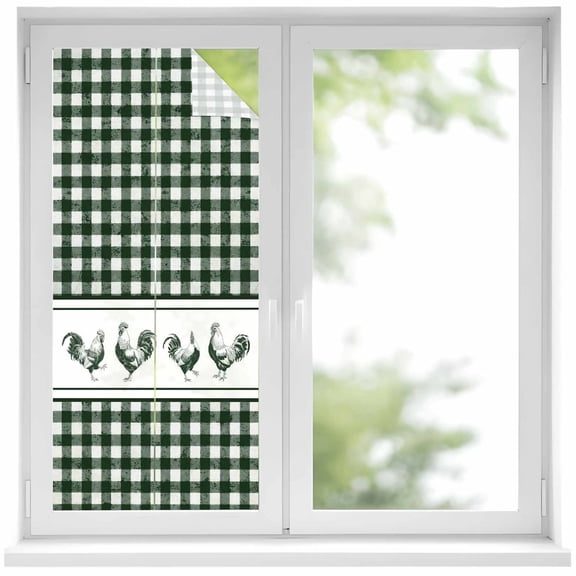 Farmhouse Green Plaid Window Privacy Film, Vintage Country Cock Checkered Static Cling UV Sun Blocking Heat Control Window Tint Day and Night, Non-Adhesive One Way Windows Privacy Cover 19.6''x39.3''