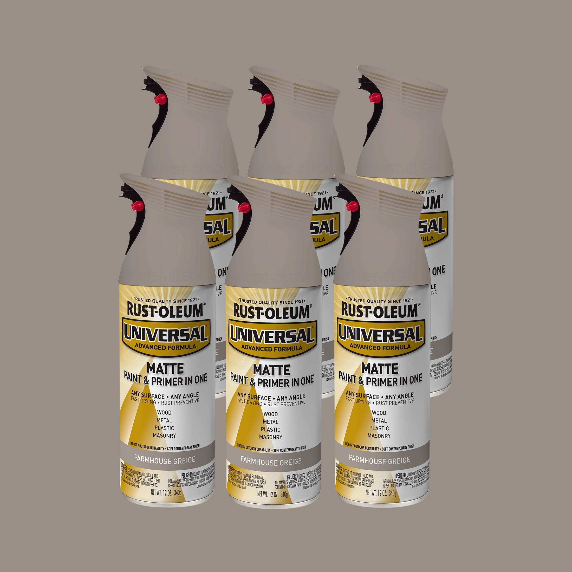 6 Pack, Farmhouse Greige, Rust-Oleum Universal All Surface Interior/Exterior Matte Spray Paint-376724, 11 oz