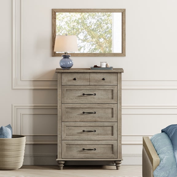 Farmhouse Grey 5-Drawer Dresser, Wooden Chest of Drawers for Bedroom & Living Room