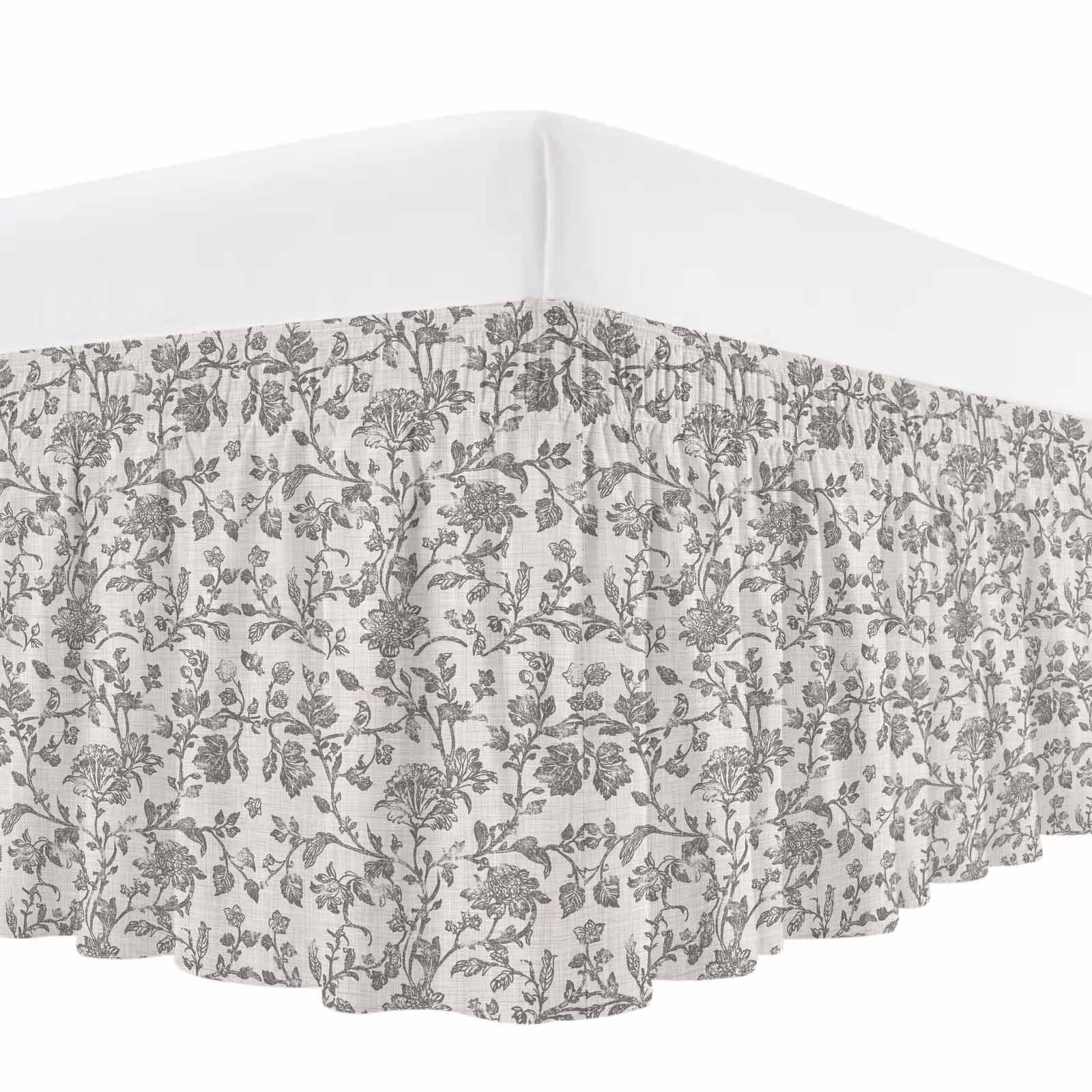 Farmhouse Grey Bed Skirt Queen Size, Vintage Flower Leaf Botanical Plant Wrap Around Bed Skirting with Adjustable Elastic Strap, Dust Ruffle Pleated Bedskirts 16 Inch Drop for Bedroom Queen Beds