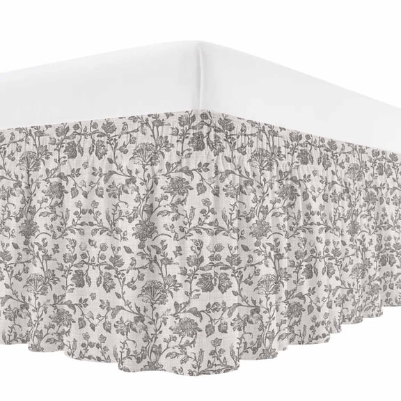 Farmhouse Grey Bed Skirt Queen Size, Vintage Flower Leaf Botanical Plant Wrap Around Bed Skirting with Adjustable Elastic Strap, Dust Ruffle Pleated Bedskirts 16 Inch Drop for Bedroom Queen Beds