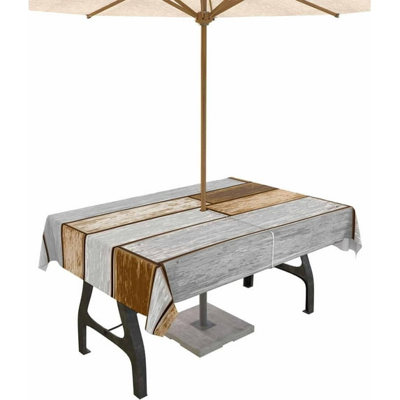 Farmhouse Grey Brown Outdoor Tablecloth - 60x102 Inch Rectangle Dining Table Cover, Country Vintage Wooden Waterproof Outdoor Table Cloth with Umbrella Hole & Zipper for Picnic/Patio/Party
