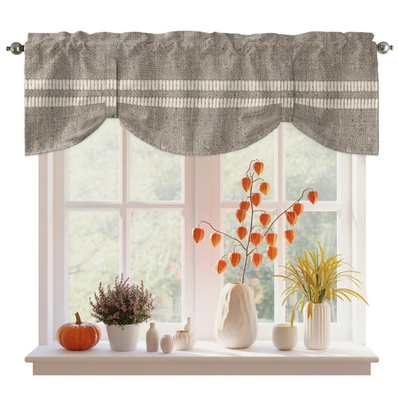 Farmhouse Grey Brown Tie Up Valance Curtains for Windows, Kitchen Curtains Window Treatments, Vintage Country Linen Textured Short Window Shades Valances for Bedroom Bathroom Cafe 42"x12"