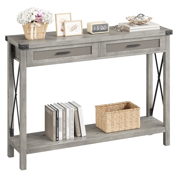Farmhouse Grey Console Table – 43" Wooden Entryway Sofa Table with Rattan Drawers and Storage Shelf – Narrow Hallway Accent Table for Living Room, Hallway, Foyer – 25 Years Grey