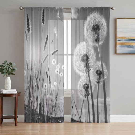 Farmhouse Grey Field Dandelion Rural Plant Chiffon Sheer Curtains 72 Inches Long Idyllic Botanical Rod Pocket Window Curtains Voile Drapes Curtains for Living Room Bedroom,2 Panels
